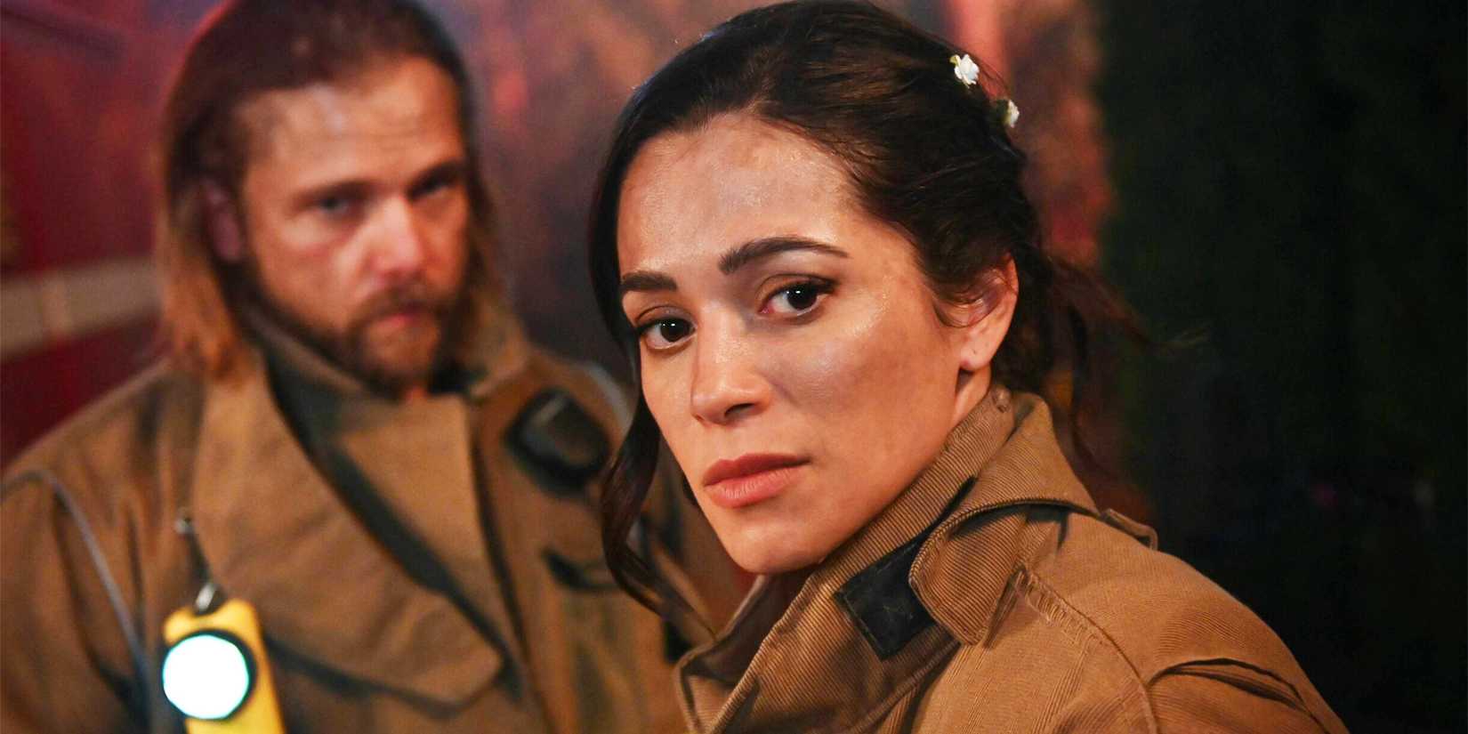 Max Thieriot as Bode Leone and Stephanie Arcila as Gabriela Perez in Fire Country season 3's premiere