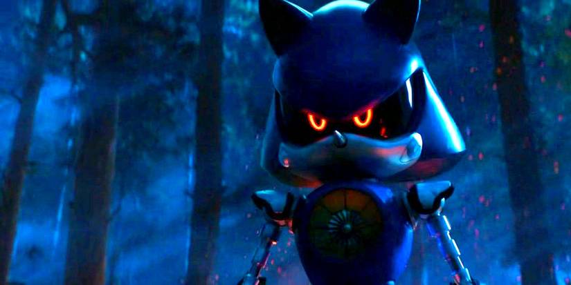 Metal Sonic with glowing red eyes in the dark forest of Sonic the Hedgehog 3