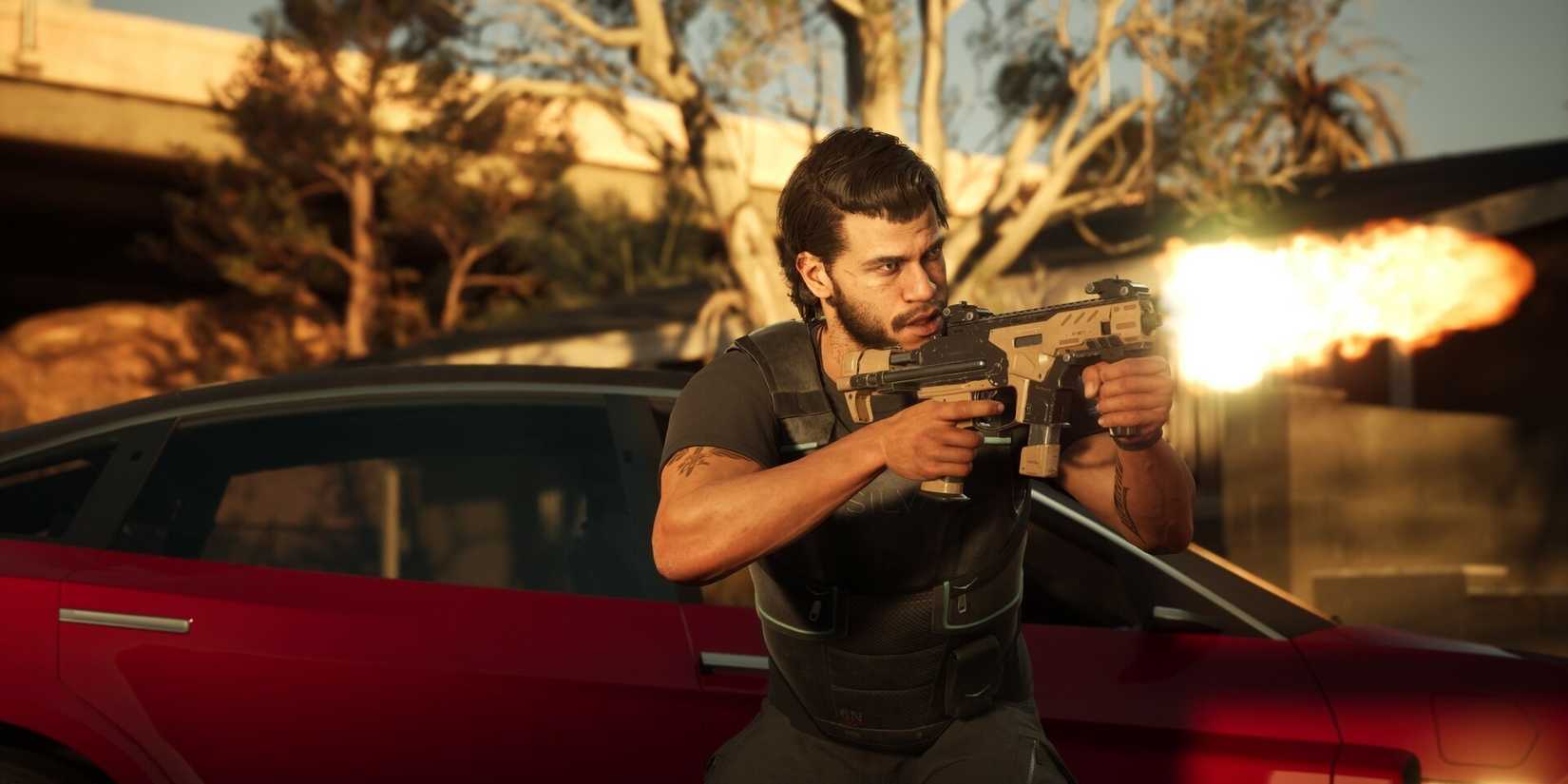 Jacob Diaz firing a gun while in front of a red car in MindsEye.