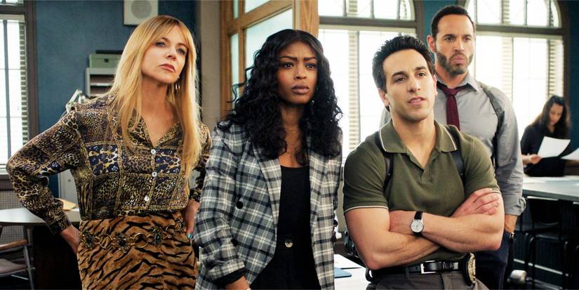 Morgan, Oz, Daphne, and Karadec looking at Selena upclose in High Potential season 1, episode 11