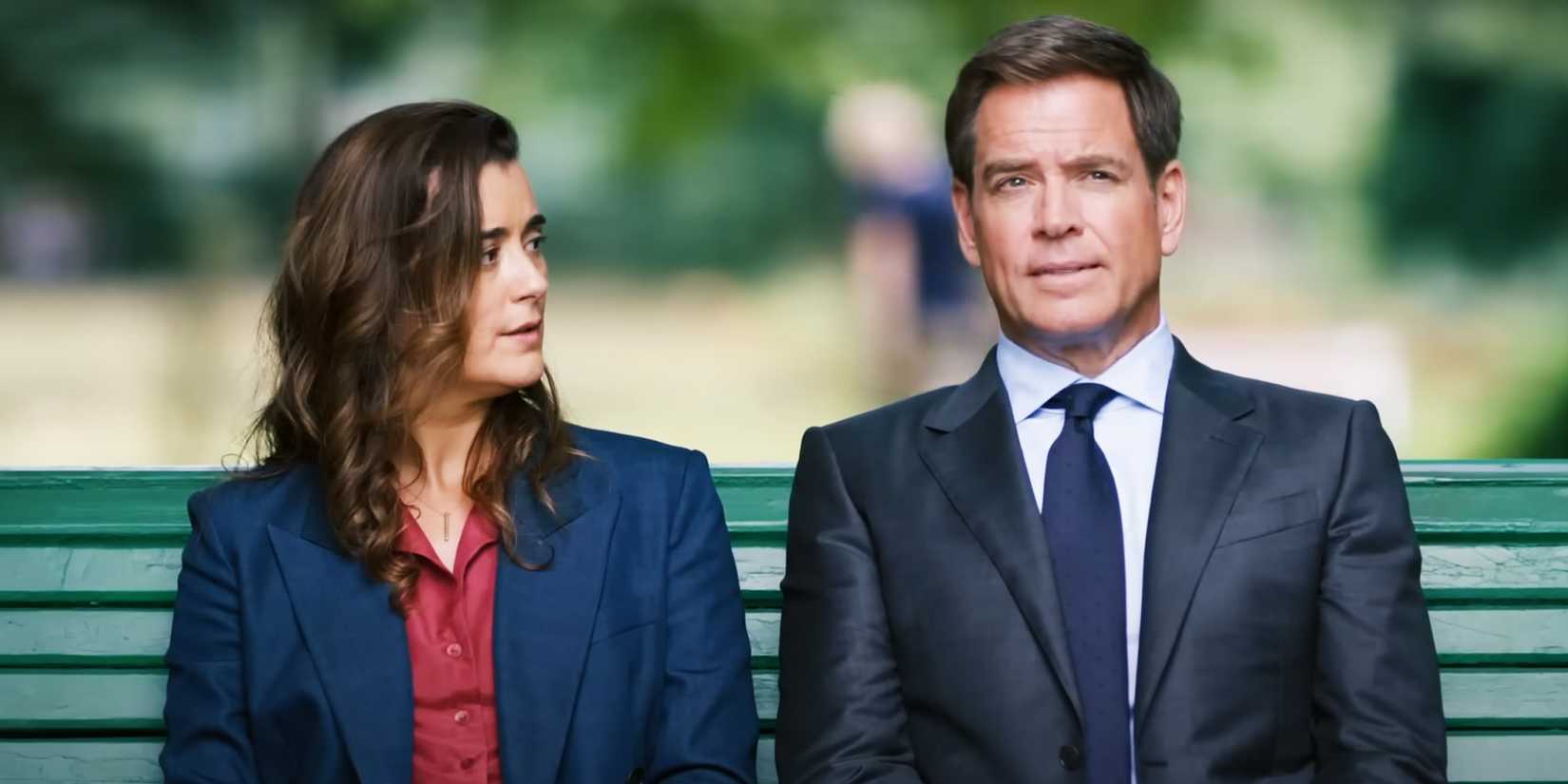Michael Weatherly as Tony and Cote de Pablo as Ziva sitting on a bench in NCIS: Tony & Ziva