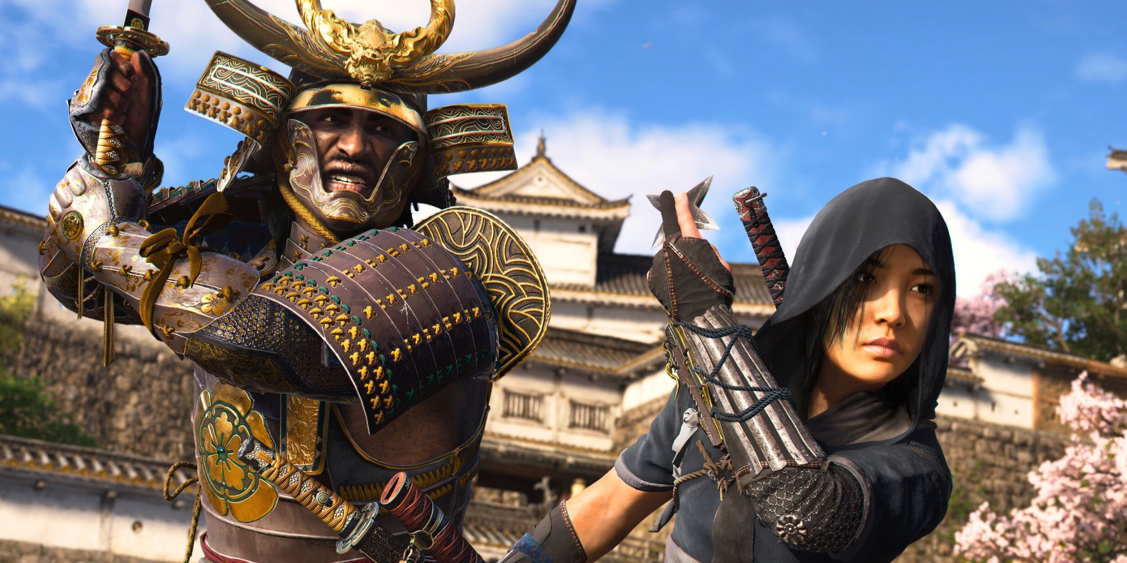 One character wearing full armor on the left while holding a large sword and another character on the right wearing a hood and holding throwing stars in Assassin's Creed Shadows