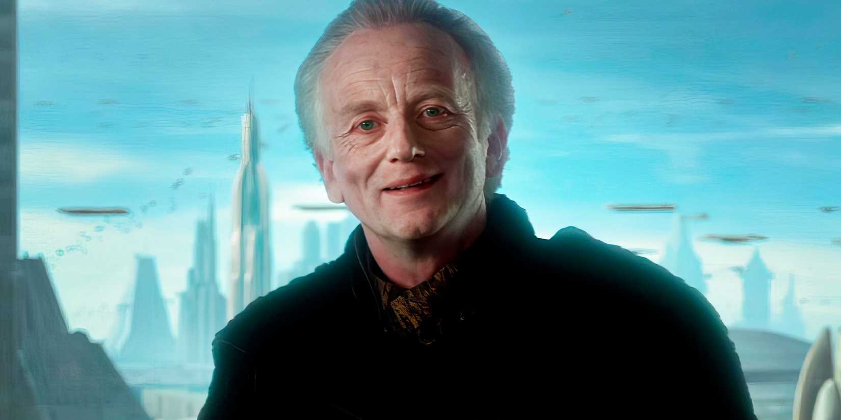 Chancellor Palpatine smiling in Attack of the Clones with the Coruscant sky in the background
