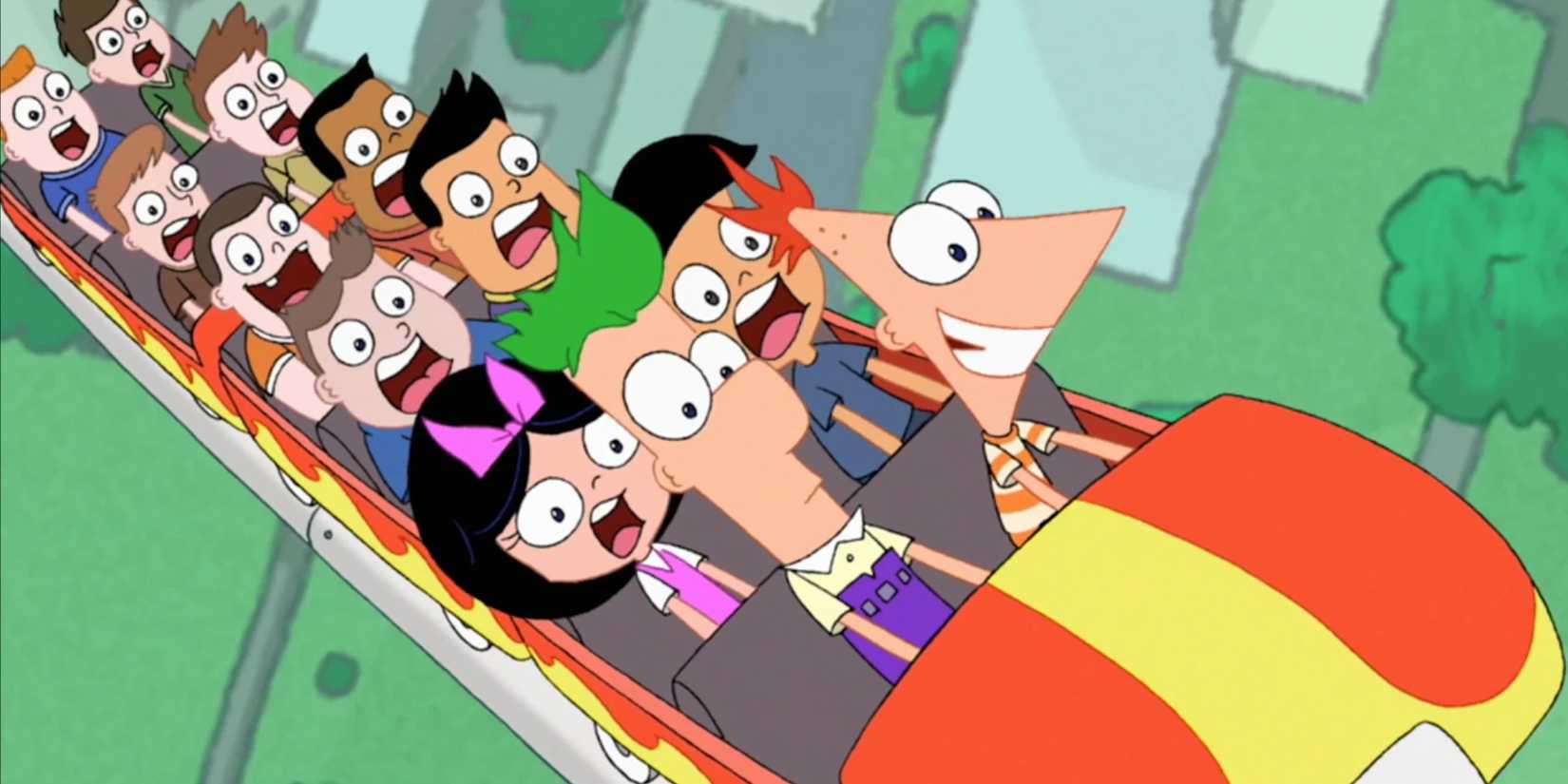 Phineas and Ferb and their friends on a rollercoaster