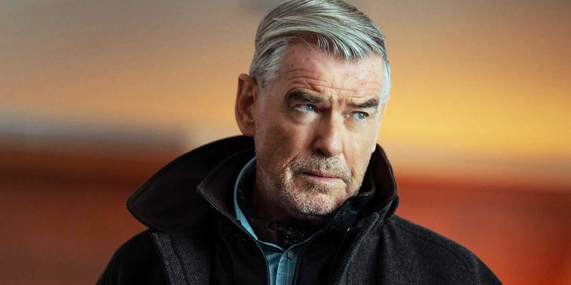 Pierce Brosnan in a close up, looking suspicious in MobLand
