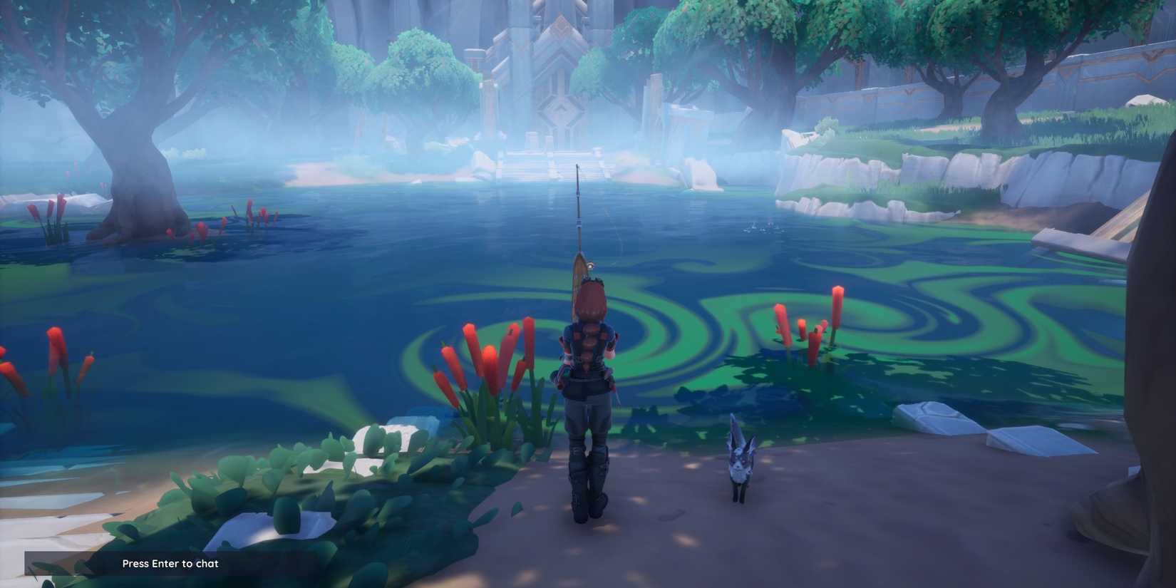 Player fishing in the Mirror Pond in Palia