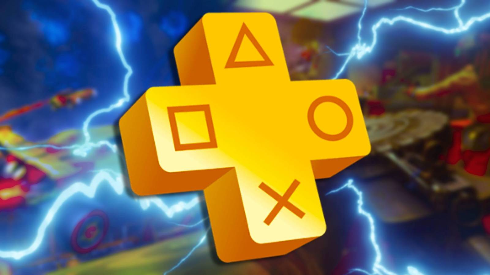 The PlayStation Plus logo surrounded by lightning with gameplay from Rocket League and FBC Firebreak behind it.
