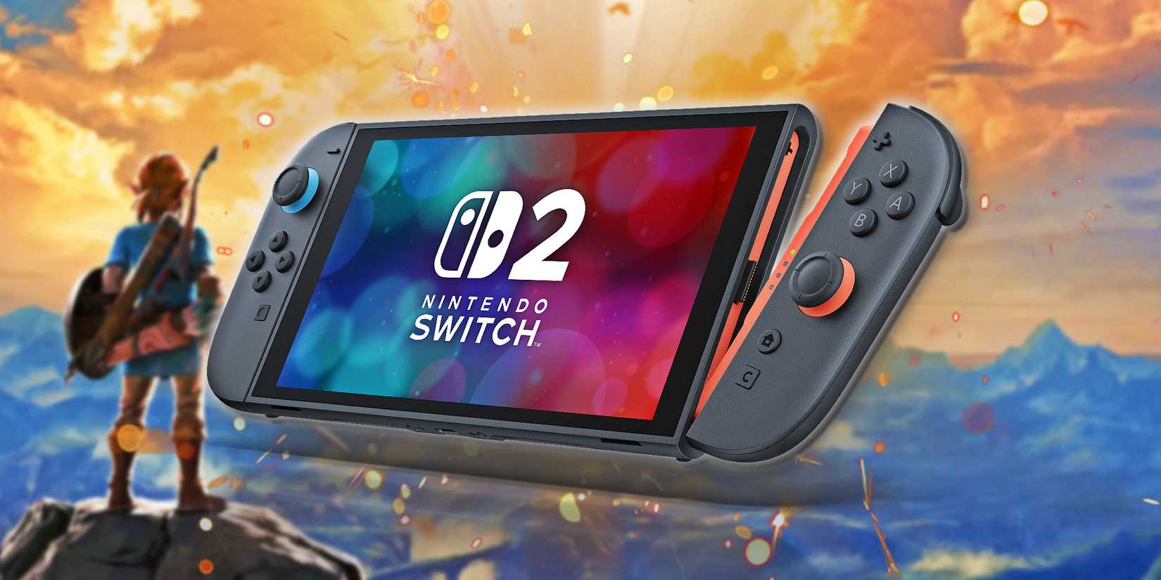 A Nintendo Switch 2 is superimposed over an image of Link overlooking the horizon in Breath of the Wild.