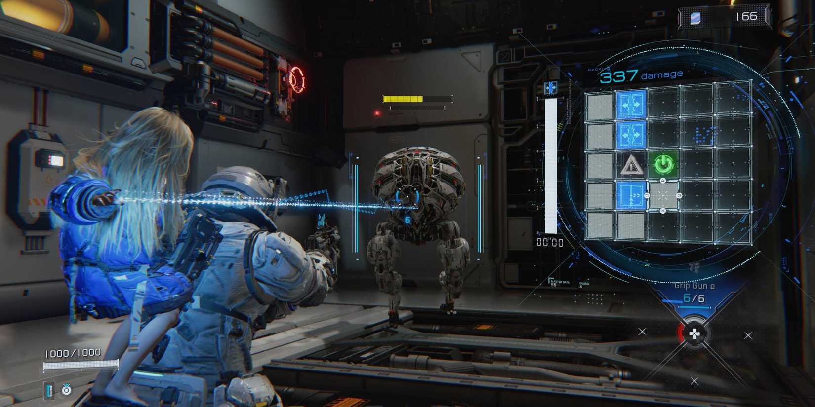 Diana on Hugh's shoulder shooting out a beam of blue light at an enemy with a puzzle on their right in Pragmata.