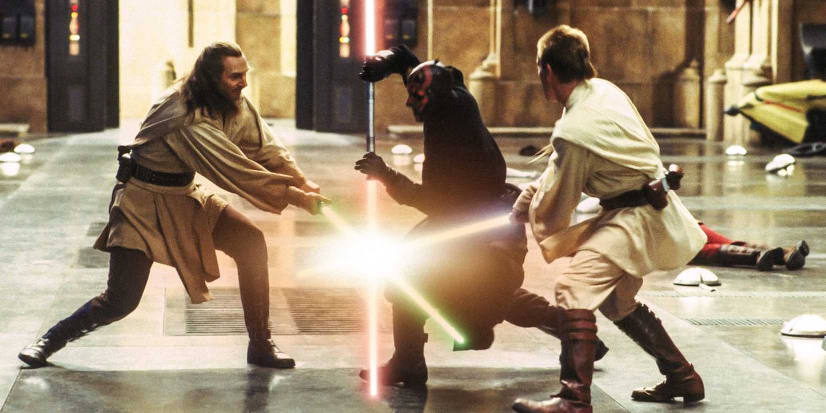 Qui-Gon Jinn, Obi-Wan Kenobi, and Darth Maul clash lightsabers in The Phantom Menace