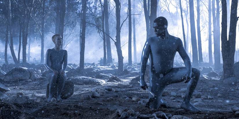 Mother and Father in the woods in Raised By Wolves