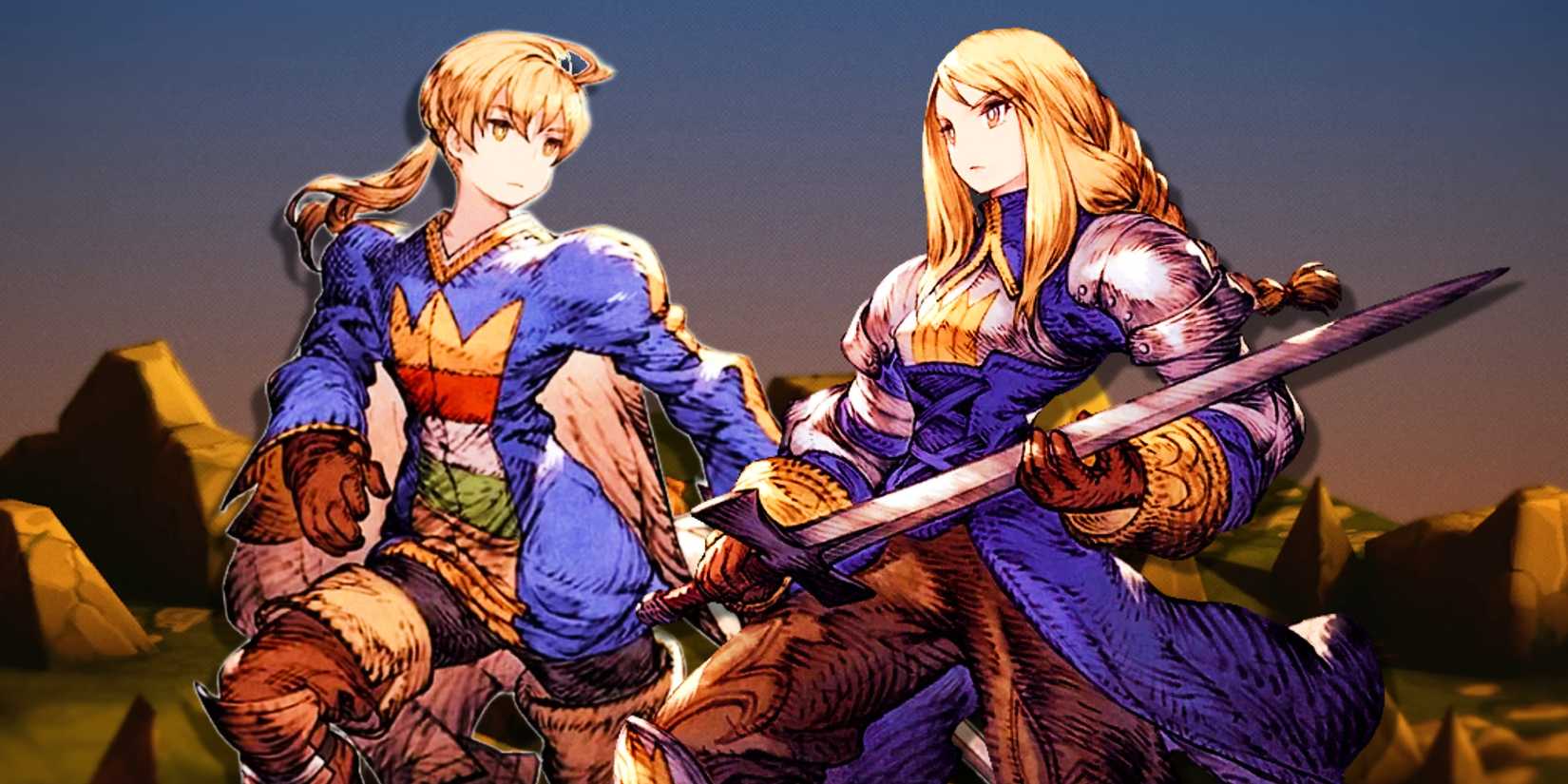 Ramza and Agrias from FF Tactics on a background from the remaster.