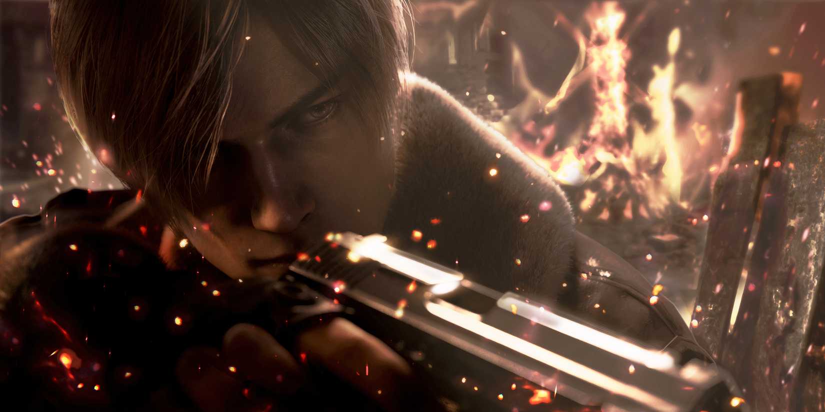 Resident Evil 4 Remake Leon surrounded by fire while holding a pistol.