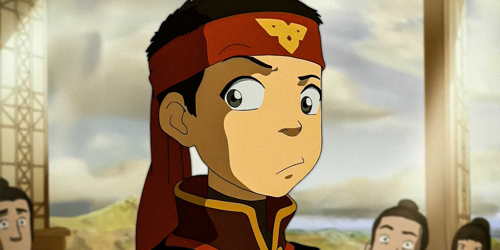 Aang looking sideways at someone and frowning while dressed as a Fire Nation student in Avatar: The Last Airbender