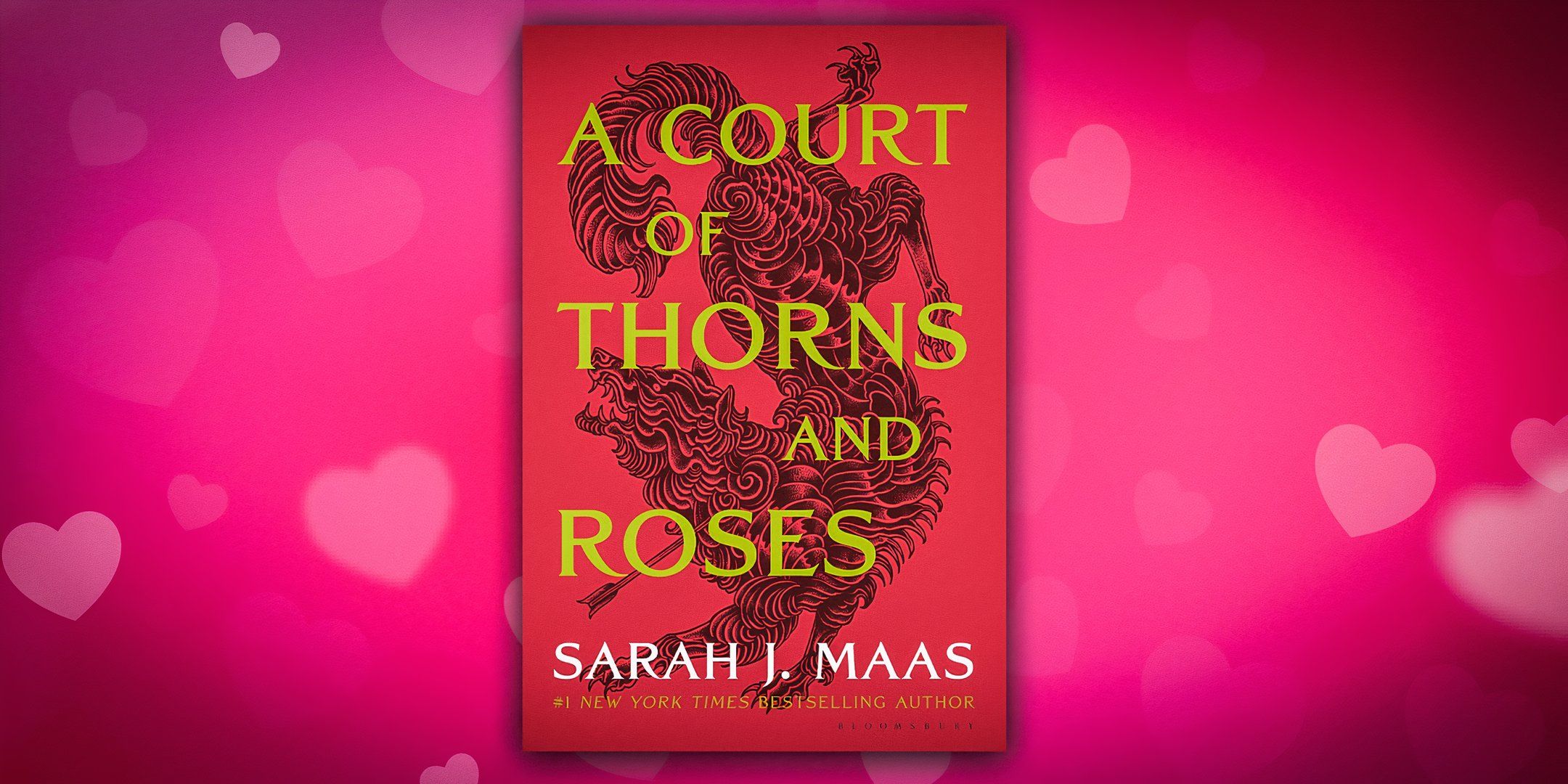 Обложка A Court of Thorns & Roses с розовым фоном, заполненным сердцем. 