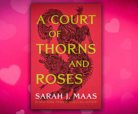 Обложка A Court of Thorns & Roses с розовым фоном, заполненным сердцем.