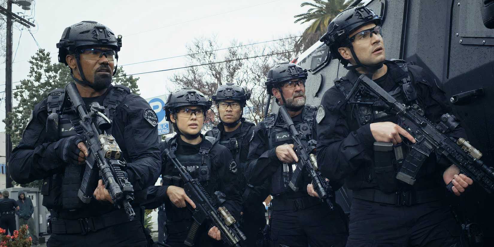 The cast of S.W.A.T. in tactical gear.