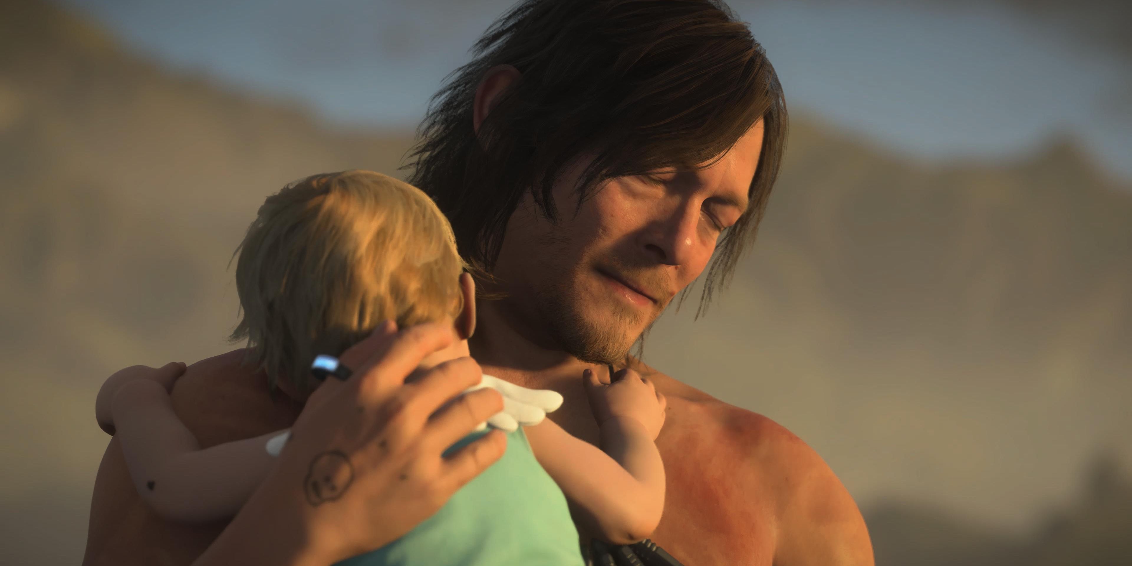 Sam holding Lou in Death Stranding 2 while looking forlorn.