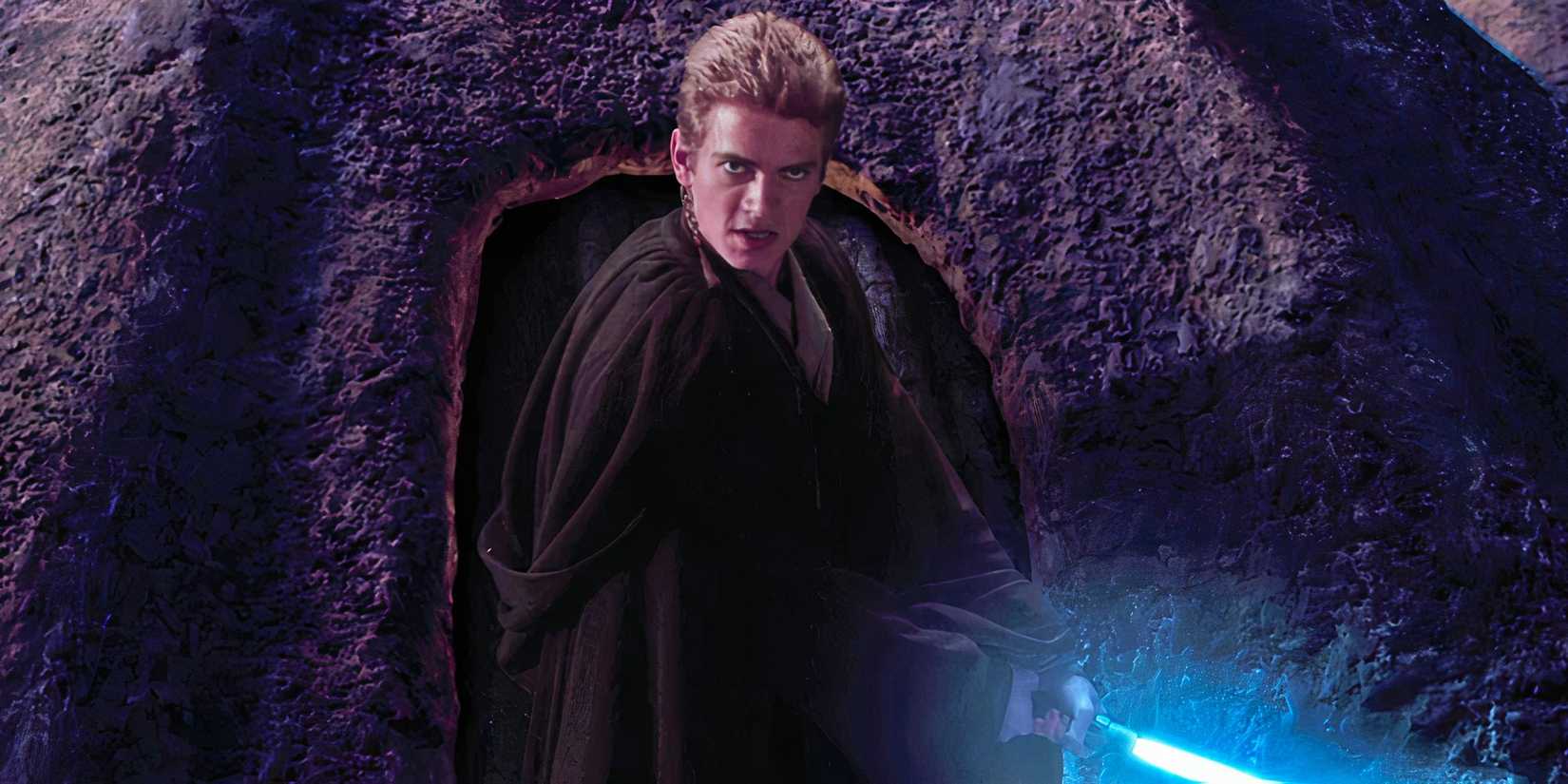Anakin Skywalker stares angrily ahead while wielding his lightsaber just before he attacks the Tuskens.