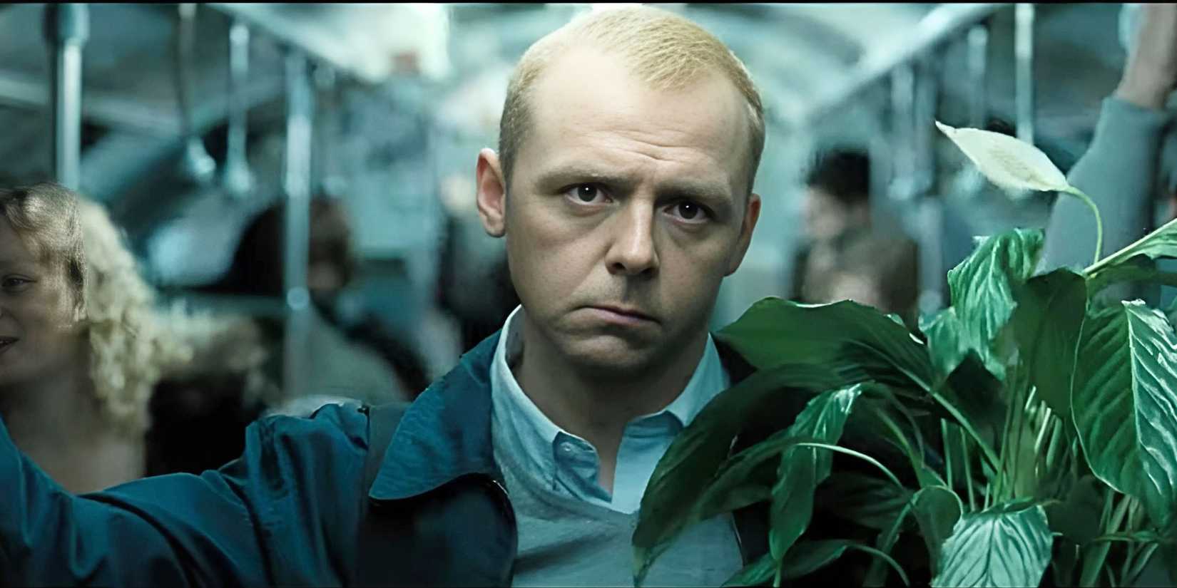 Simon Pegg as Nicholas Angel on the train with his Japanese Peace Lily in Hot FUzz