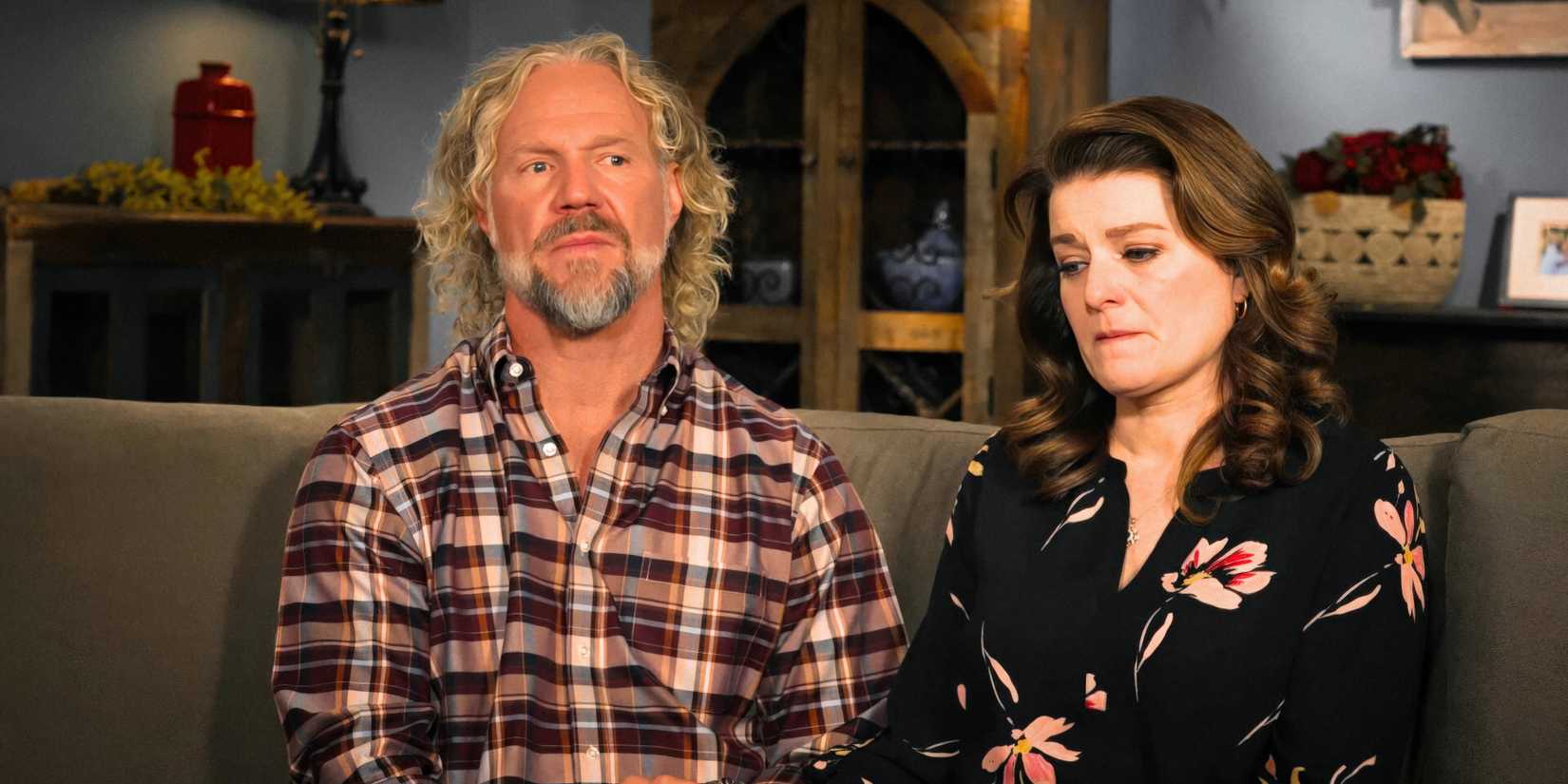 sister wives stars robyn and kody brown looking sad on the couch while talking to cameras