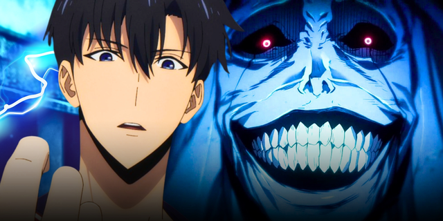 Solo Leveling - Jinwoo looking worried next to the Smiling Statue from the Cartenon Temple featured image