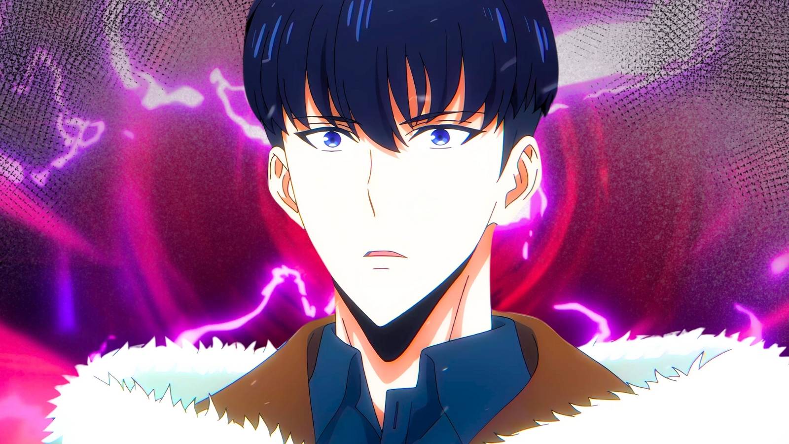 Jinwoo from Solo Leveling wearing his big fur coat and looking incredibly surprised.