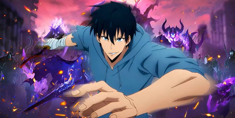 Solo Leveling - Sung Jinwoo jumping toward the screen with his shadow soldiers behind him