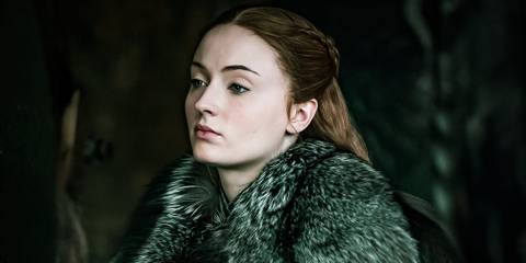 Sophie Turner as Sansa Stark, looking serious in Game of Thrones