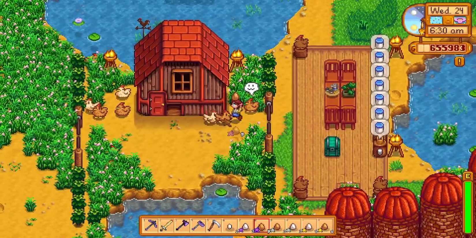 Stardew Valley chicken coop with happy chickens