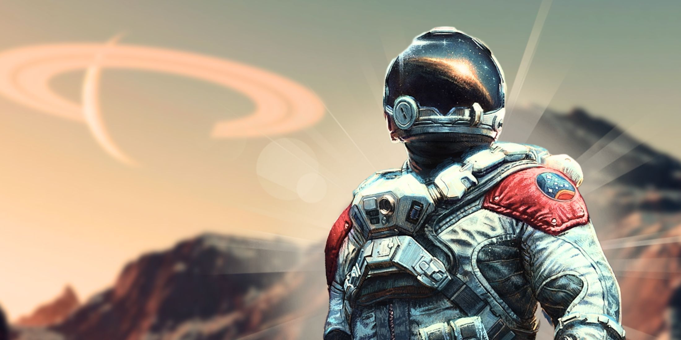 Starfield astronaut over a background of a planet environment showing other planets in the sky