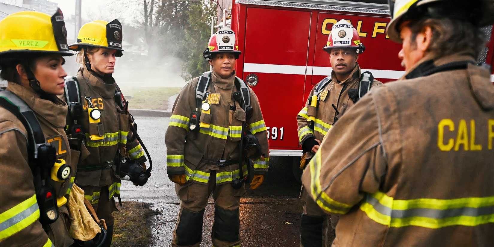 Stephanie Arcila as Gabriela, Leven Rambin as Audrey, Jules Latimer as Eve, Jordan Calloway as Jake and Billy Burke as Vince in Fire Country season 3
