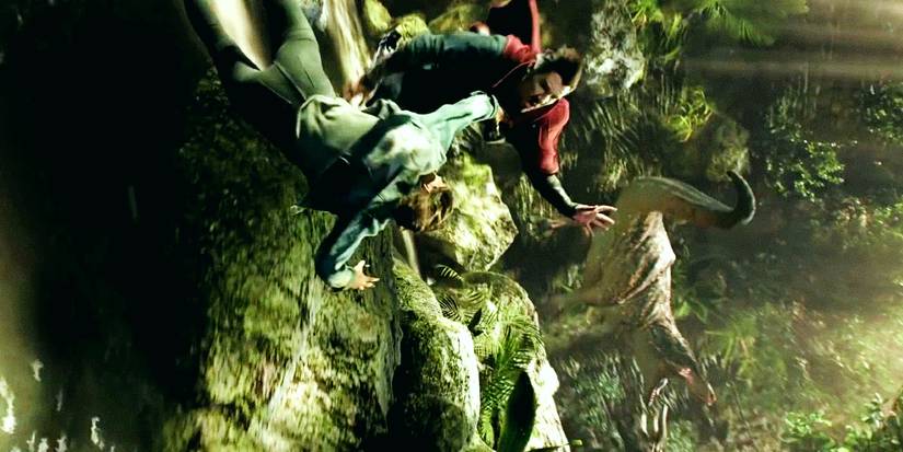 Stephen Strange and America Chavez fall through the Savage Land universe in Doctor Strange in the Multiverse of Madness