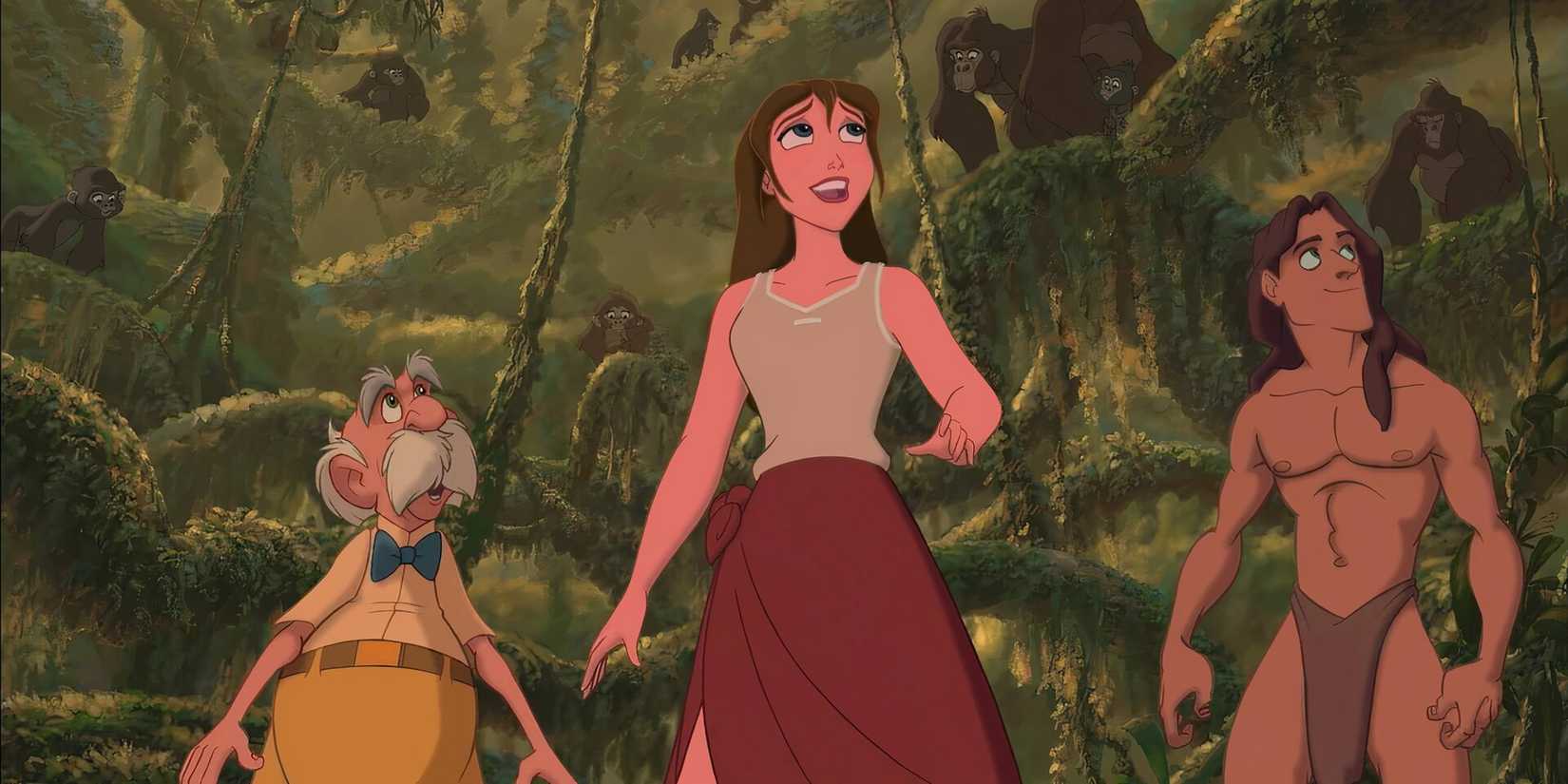 Tarzan looking at the gorillas with Professor Porter and Jane in 1999 Disney animated movie