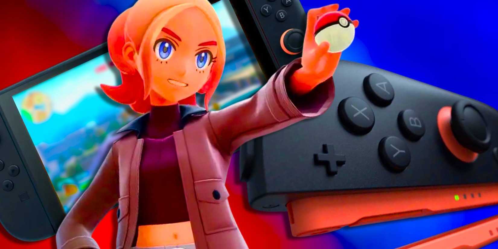 Taunie from Pokemon Legends Z-A holding a pokeball in front of a Switch 2 and Joy-Con.