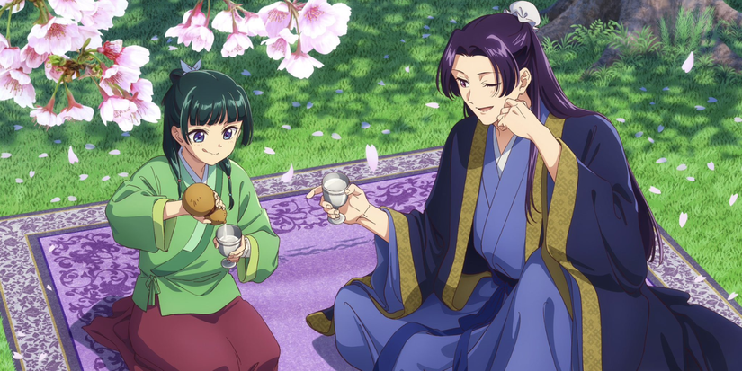 The Apothecary Diaries - Jinshi and Maomao drinking alcahol at a picnic together