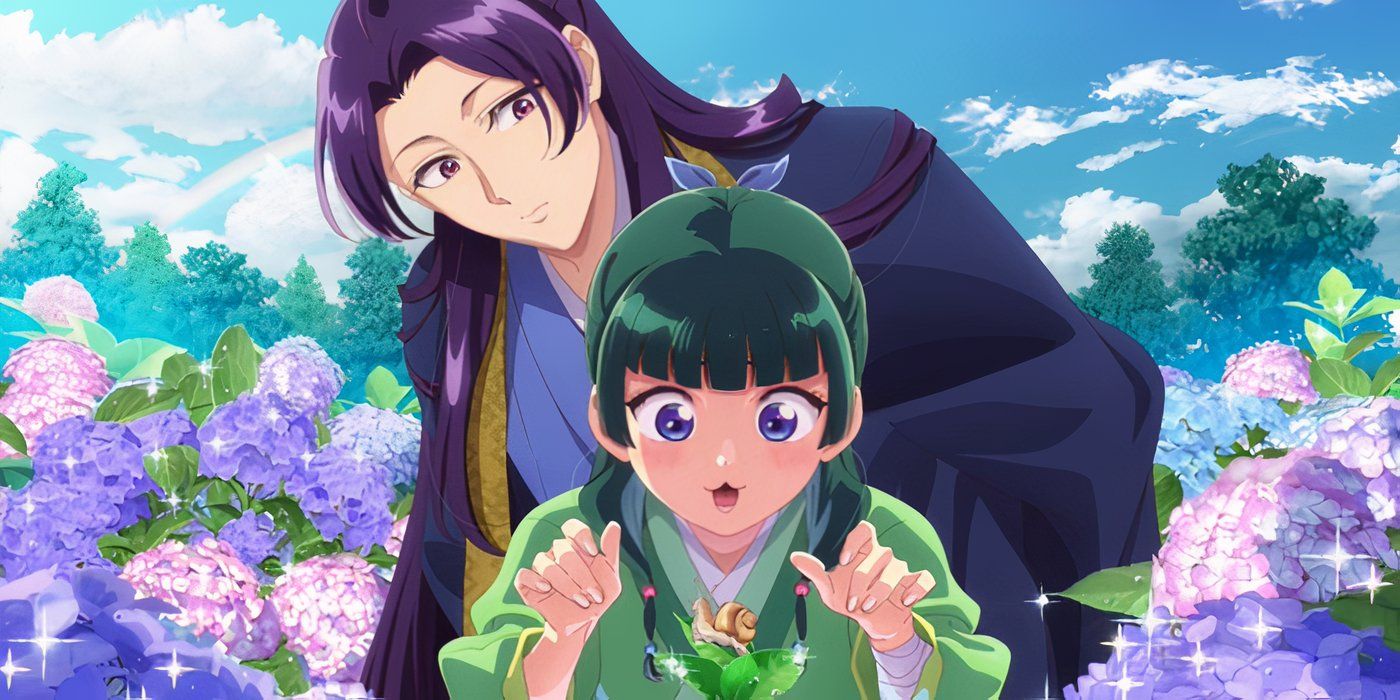 The Apothecary Diaries - Maomao looking excitedly at a snail with Jinshi looking longingly at her