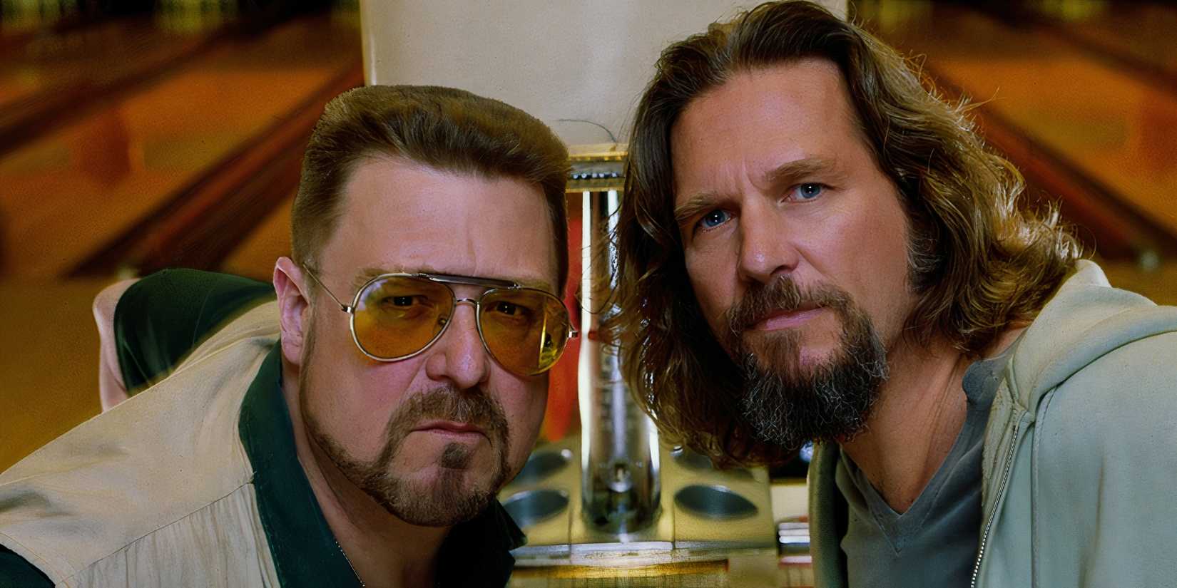 Walter and the Dude look at the camera in The Big Lebowski