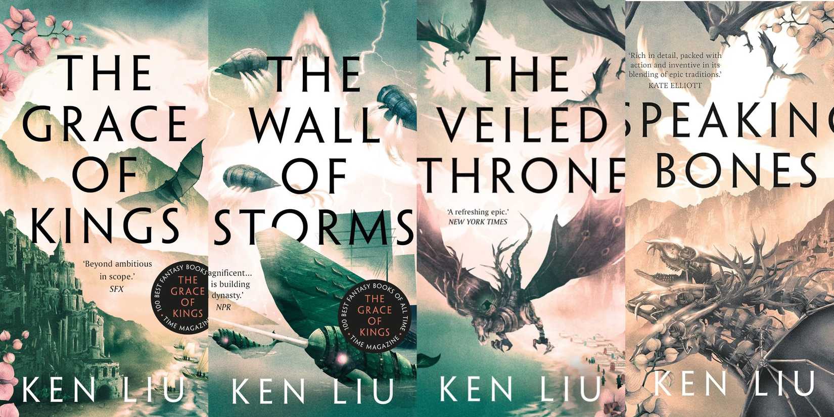 The Dandelion Dynasty books in order: The Grace of Kings, The Wall of Storms, The Veiled Throne, and Speaking Bones