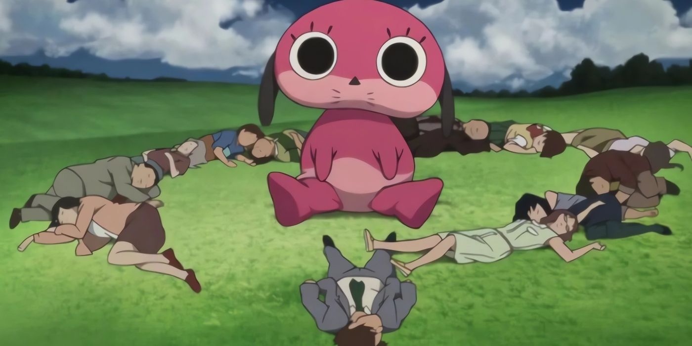 Il cane Maromi circondato dal cast di Paranoia Agent mentre dorme.