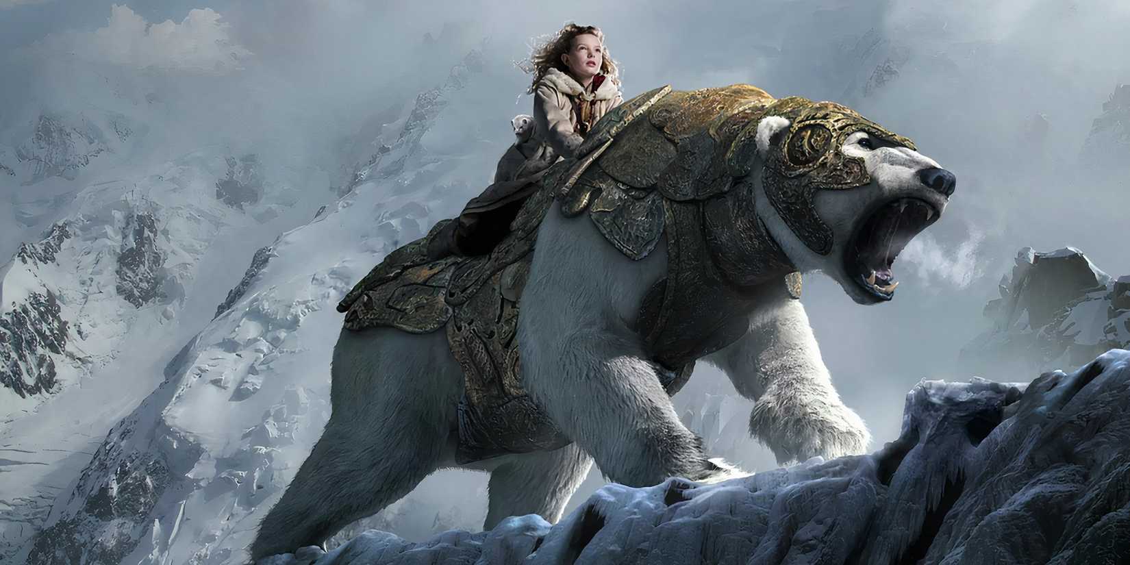 In ``Golden Compass,'' a girl rides on a polar bear wearing armor.