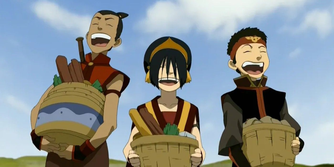 Sokka, Toph e Aang rindo enquanto carregam cestas no episódio 'A Fugitiva' de Avatar: A Lenda de Aang