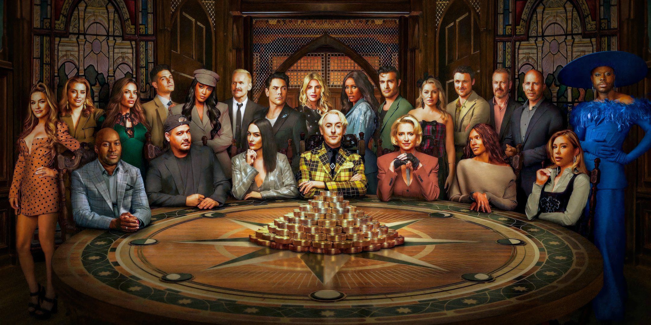 the traitors season 1 cast in montage with host alan cumming at a round table
