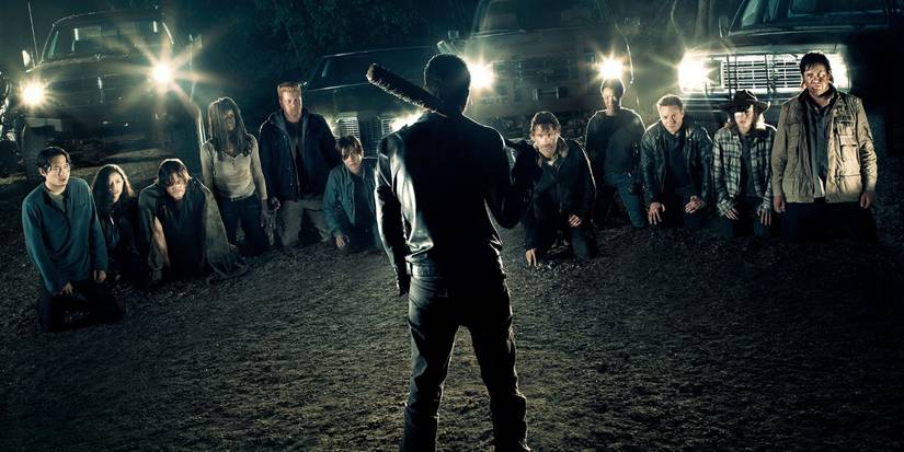 Negan (Jeffrey Dean Morgan) looks at the defeated survivors in The Walking Dead