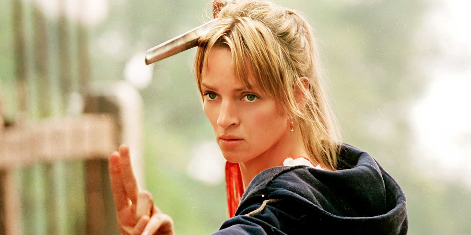 Uma Thurman as The Bride, preparing to fight in Kill Bill.