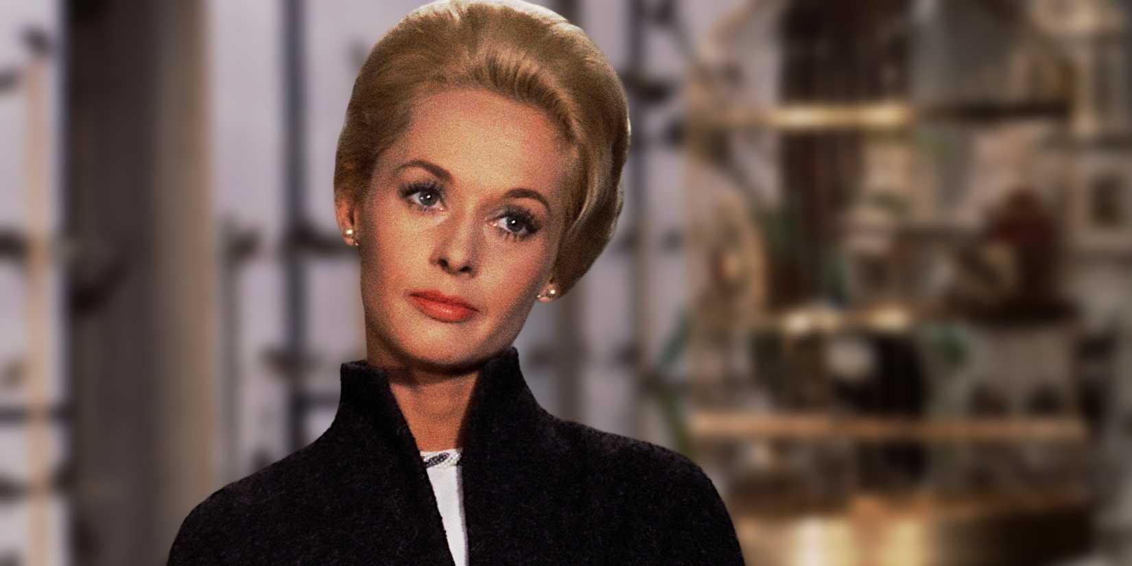 Tippi Hedren looks a little annoyed in the scene from 'The Birds'