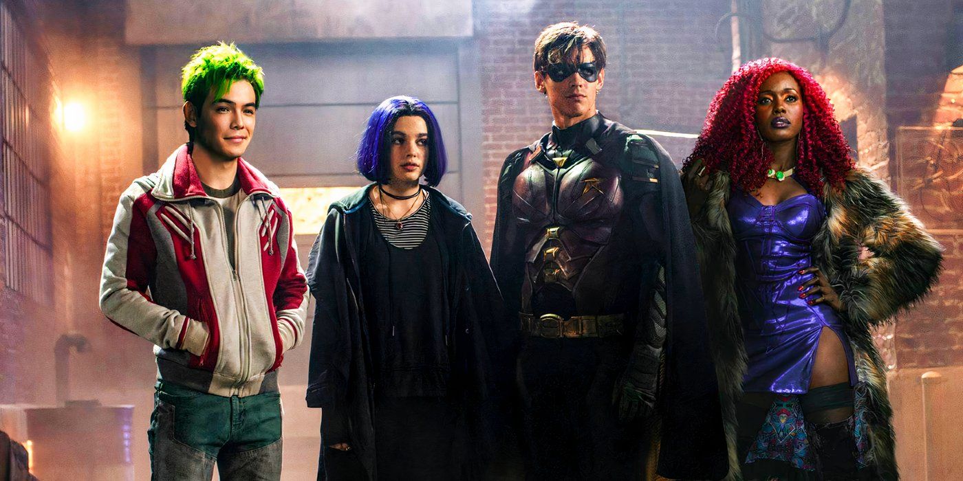 Beast Boy, Raven, Robin, and Starfire standing together in the DC TV show Titans (2018-2023)