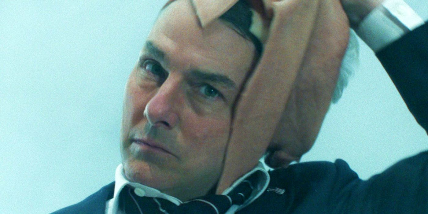 Tom Cruise as Ethan Hunt pulling off a mask in Mission Impossible The Final Reckoning