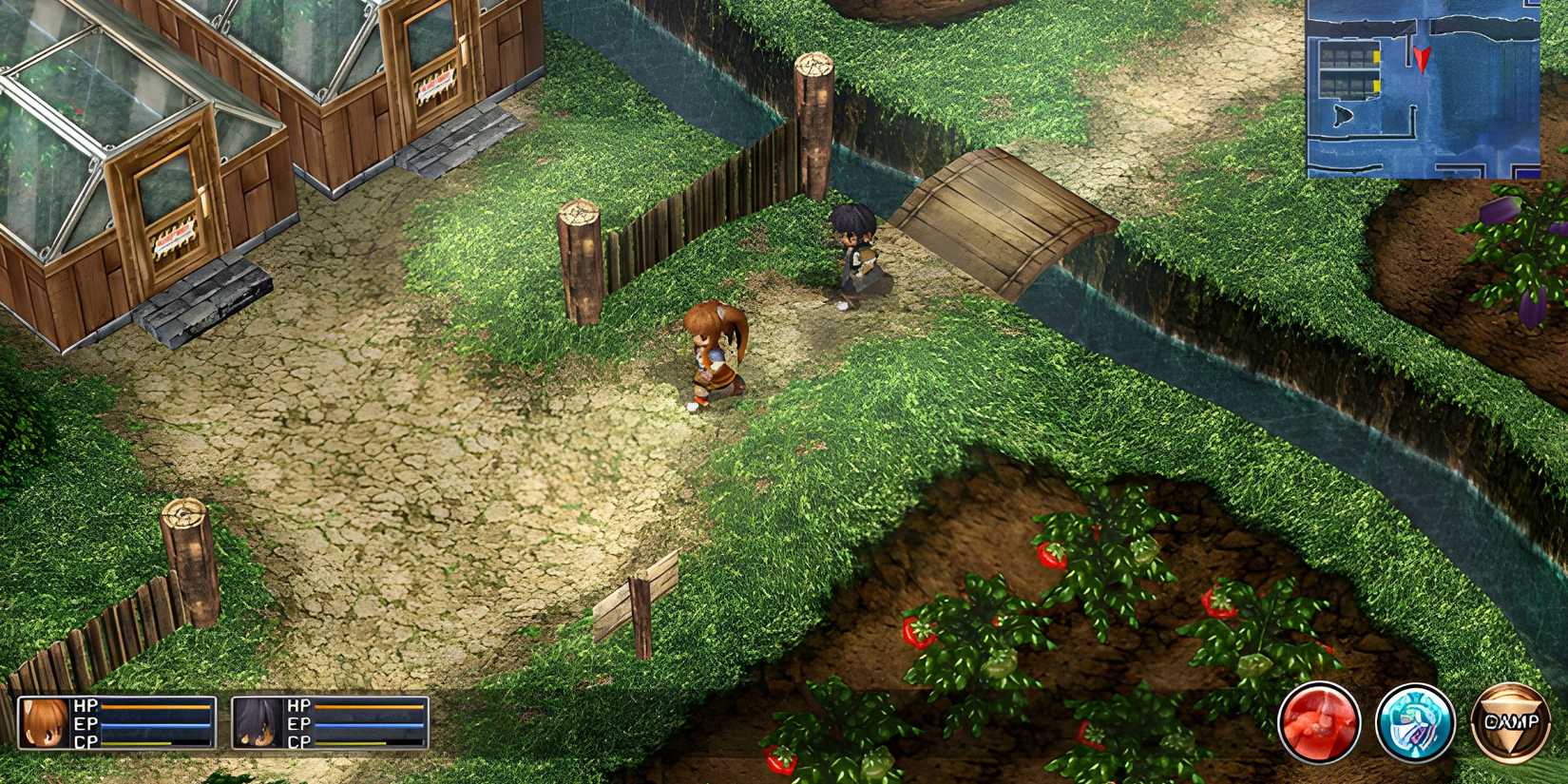 Two characters walking through a town in Trails in the Sky.