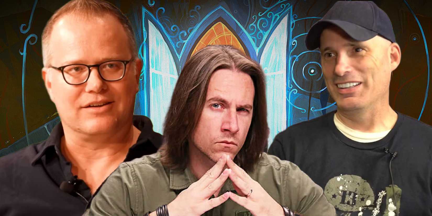 Matthew Mercer, Jeremy Crawford, and Chris Perkins in front of Daggerheart artwork